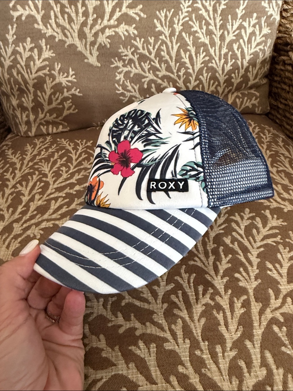 Roxy Kids White Floral & Navy Striped Trucker Hat